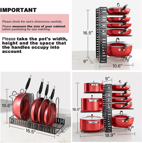 MUDEELA Pots and Pans Organizer Rack, 8-Tier Kitchen Storage Pot Racks, Adjustable Organizers with 3 DIY Methods