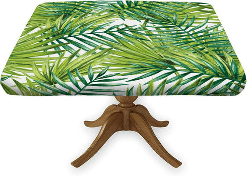 RenteriaDecor Summer Square Palm Leaves Fitted Tablecloths, Watercolor Tropical Plant Leaf Print Elastic