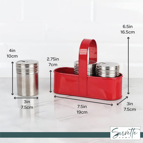 Salt and Pepper Shakers with Spice Rack - 3 Retro Spice Jars in Stainless Steel Carrying Rack