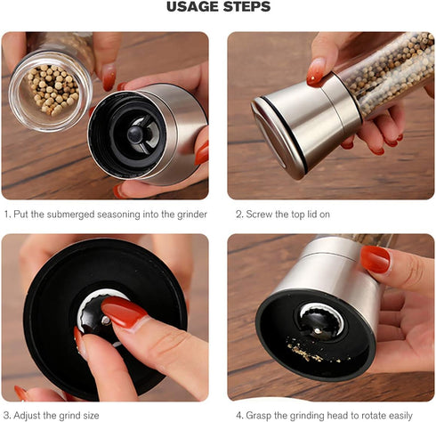 Premium Salt and Pepper Grinder Set with Stand - Stainless Steel Manual Spice Adjustable Coarseness (Pack of 2)