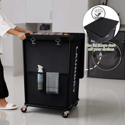150L Laundry Basket with Wheels, Rolling Laundry Hamper with Cloth Cover, Laundry Cart with Metal Frame & Removable
