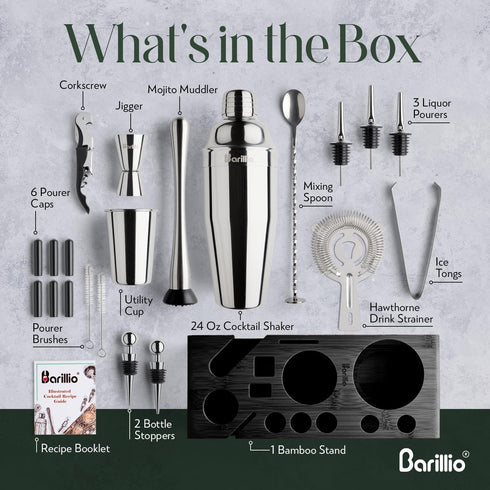 Barillio Silver Bartender Kit - Stainless-Steel Cocktail Shaker Set with Black Bamboo Stand - 23-Pc Mixology Bar Tools