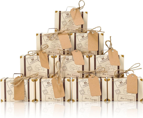 VGOODALL 50PCS Mini Suitcase Party Favor Box, 3"x2"x1.2" Little Luggage Candy Box with Tags
