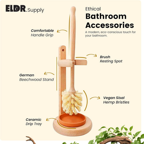 14 Inch ELDR Supply Toilet Bowl Cleaner Brush with Holder, Extra Long German Beechwood Handle, Strong Hemp Bristles