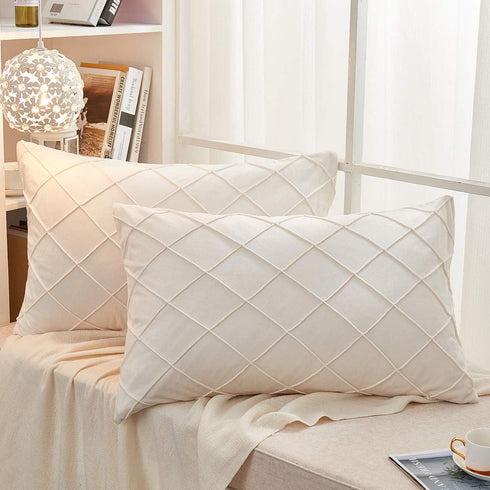JAUXIO Diamond Pinch Pleated Crystal Velvet Pillowcases - 2 Pack Solid Pintuck Throw Cushion Cover with Hidden Zipper