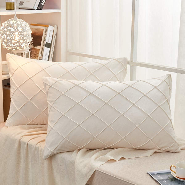 JAUXIO Diamond Pinch Pleated Crystal Velvet Pillowcases - 2 Pack Solid Pintuck Throw Cushion Cover with Hidden Zipper