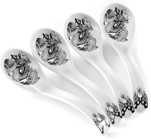 Set of 4 Dragon Ceramic Soup Spoons, 6.2 Inch Asian Spoons for Chinese, Korean, Japanese Ramen and Pho