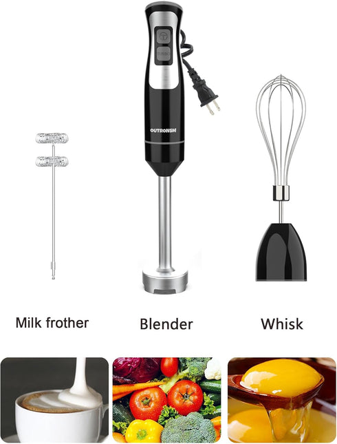 Immersion Blender Handheld, OUTRONSM Hand Blender with 4-point Thickened SS Blades, Milk Frother, Egg Whisk for