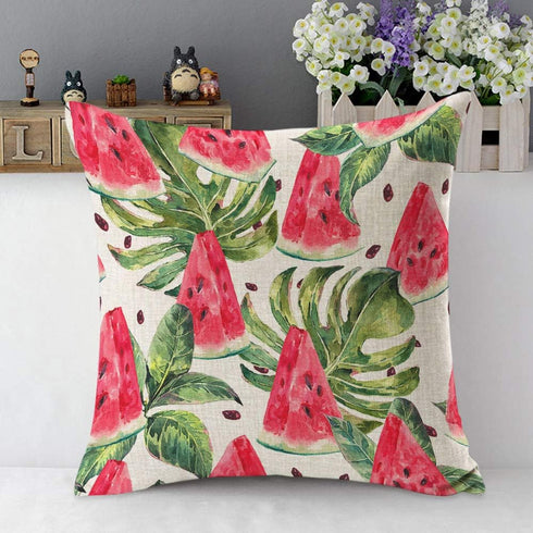 Mugod Slices of Watermelon Throw Pillow, Exotic Tropical Fruit Leaves Seed Red Green Cotton Linen Square Cushion Cover