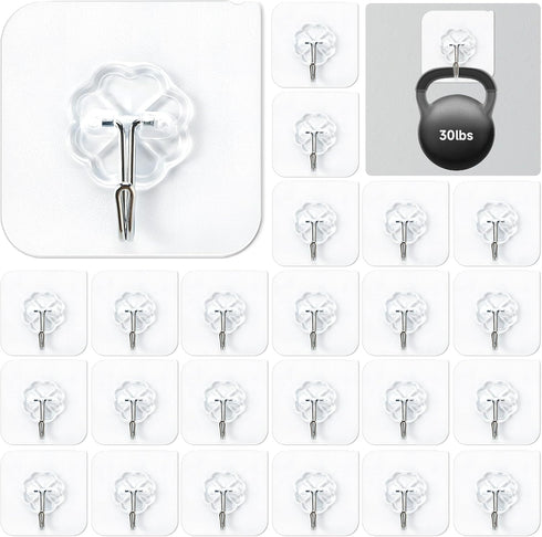 Mlici 24 Pack Clear Self-Adhesive Wall Hooks - 30lbs Heavy-Duty Sticky Hooks for Kitchen Bathroom