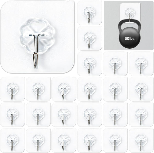 Mlici 24 Pack Clear Self-Adhesive Wall Hooks - 30lbs Heavy-Duty Sticky Hooks for Kitchen Bathroom