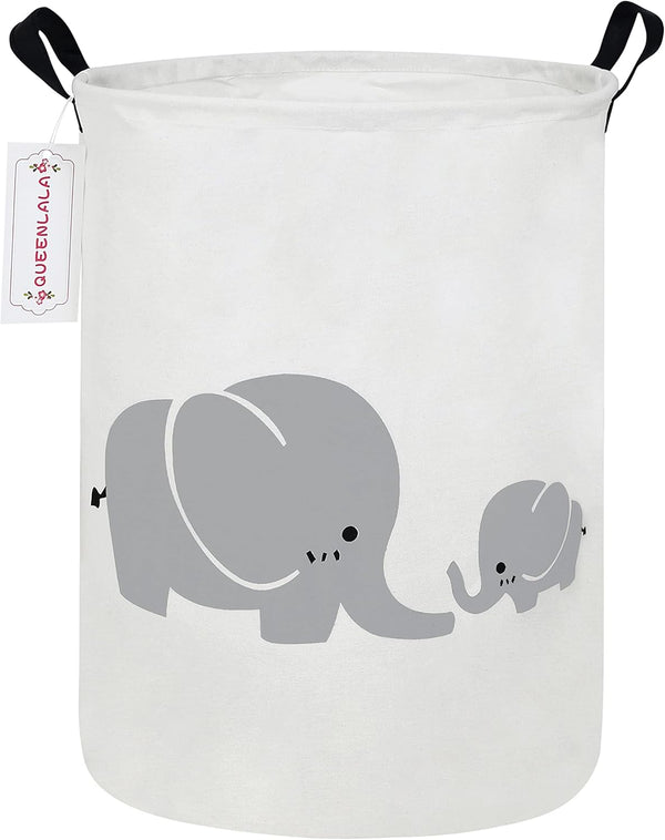 QUEENLALA Large Storage Basket, Collapsible Round Laundry Hamper, Boys and Girls Hamper with Parent-child Elephant