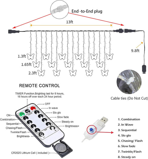 13FT 96 LED USB Powered Curtain Lights, Lainin 16 Butterflies Twinkle Lights 8 Modes Fairy String Lights for Party