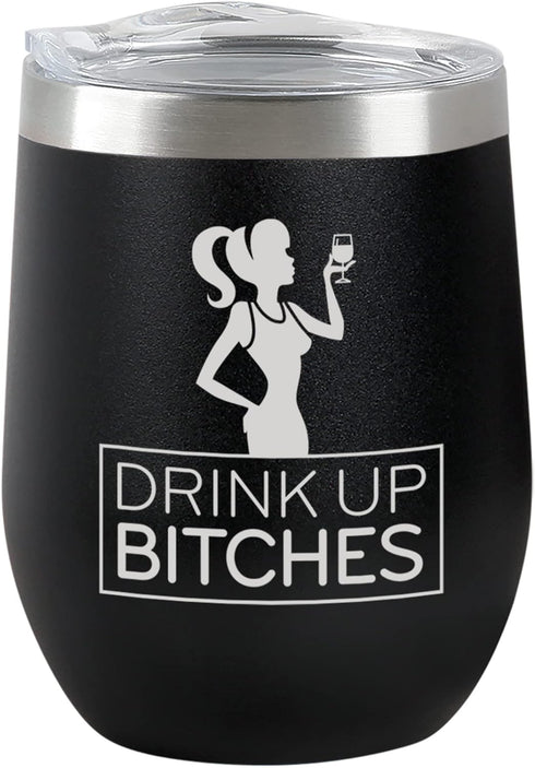 Chris's Stuff 12 oz Wine Tumbler - Iced Coffee Mug with Splash-Proof Lid, Stainless Steel, Black Quote