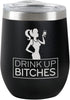 Chris's Stuff 12 oz Wine Tumbler - Iced Coffee Mug with Splash-Proof Lid, Stainless Steel, Black Quote