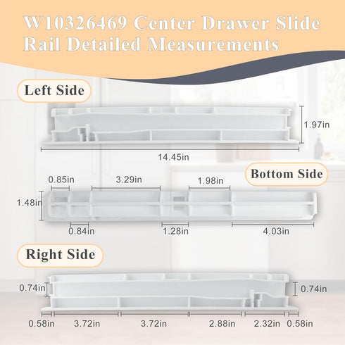 W10326469 Center Drawer Slide Rail for Whirlpool Refrigerator, Replaces 67004514, 8208326, wpw10326469