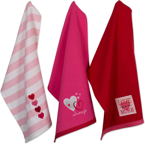 DII Valentine's Day Collection Kitchen Dishtowel Set, 3 Piece, 18x28, Embellished Hearts