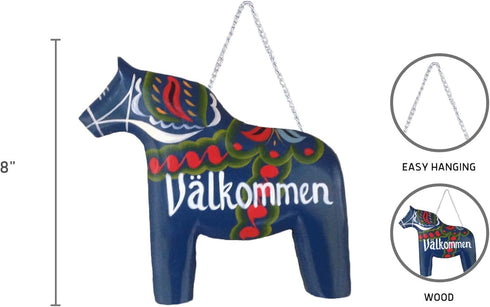 Swedish Themed Wood 8" Blue Dala Horse House Welcome Sign with Artwork Decal