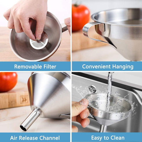 Kitchen Funnel for Filling Bottles, 304 Stainless Steel Food Funnels with Strainer and 200 Mesh Filter Set