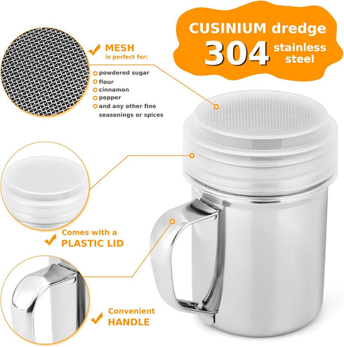 Accmor 2pcs Powdered Sugar Shaker Duster with Handle - Cinnamon Shaker Flour Sifter, 7oz Stainless Steel Fine Mesh