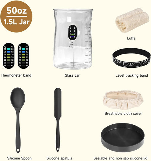 Sourdough Starter Kit - 50 Oz Wide Bore Jar, Thermometer, Feeding Band for Perfect Sourdough Baking Supplies
