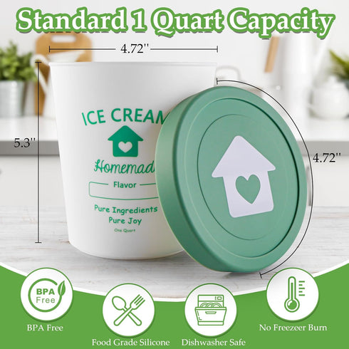 4 Pack 1 Frozen Set cyrico Ice Cream Containers with Silicone Lids for Homemade Ice Cream, Quart Each Reusable Sorbet