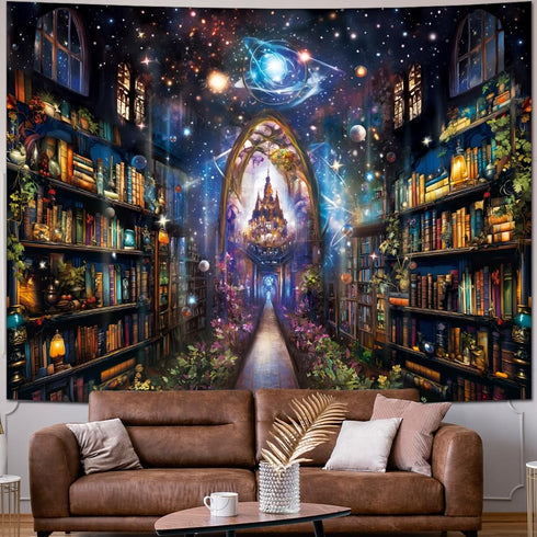 Heynvioo Mysterious Bookshelf Tapestry Galaxy Space Library Tapestry Fantasy Landscape Vintage Aesthetic Tapestries