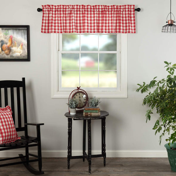 Farmhouse Red Country Buffalo Check Cotton Annie Kitchen Curtains - 16x72 Valance with Rod Pocket Hanging Loops