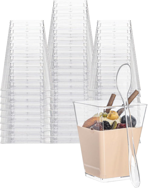 50 Pack 5oz Mini Dessert Cups with Soopns, Clear Square Dessert Bowls