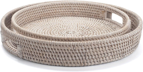 13.8 inch Round Rattan Tray, Decorative Coffee Table Tray, Ottoman Tray, Woven Serving Tray with Handles, Wicker