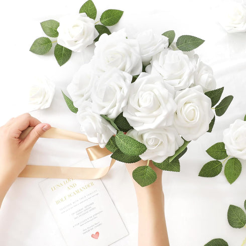 DerBlue 60pcs Artificial Roses Flowers - Real Looking Fake Roses with Stem & 10pcs Green Leaves for DIY Decorations