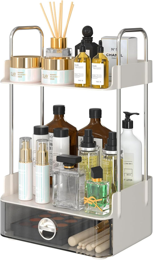 Bathroom Counter Organizer, 2 Tiered Countertop with Drawer for Makeup and Skincare Storage, Desktop, Bathroom (White)