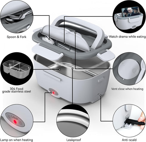 80W 1.5L 304 Sitlais Heated Lunch Box for Men&Women - Electric Lunch Box for Adults with Dual Stainless Steel