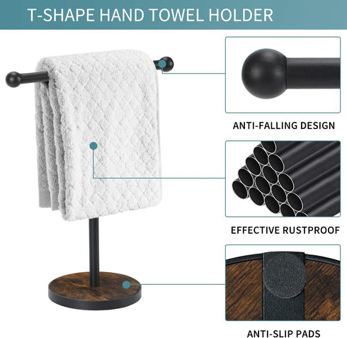 Hand Towel Holder Stand, Matte Black T-Shape Free Standing Holder for Bathroom, Heavy Base, 15” Height Wood Countertop