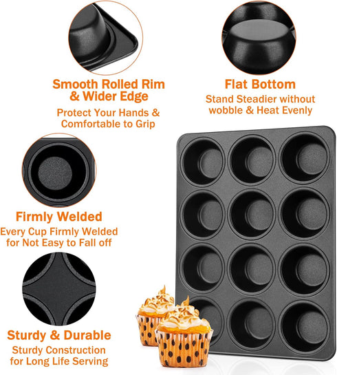 TeamFar Muffin Pan, 12 Cup Cupcake Baking Pan with Stainless Steel Core & Nonstick Coating, Oven Safe