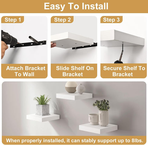 8inch (Set 3, 8x8) Fixwal Floating Shelves for Wall, Small White Shelves Wall Mounted Shelf for Bathroom, Living Room