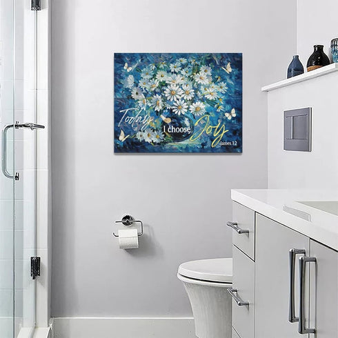 Farmhouse Navy Blue Daisy Flower Decor, Rustic Floral Butterfly Wall Art Canvas Painting Prints for Bathroom Bedroom