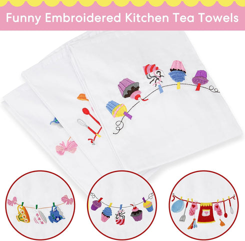 3 PCS White Embroidered Tea Towels, Napkins for Kitchen & Pantry, Tea Towels for Baking Sourdough, Tablecloths, Dishcloths for Cooking Tea Bathroom Woman Guest Girl Housewarming Gift by Rionaty