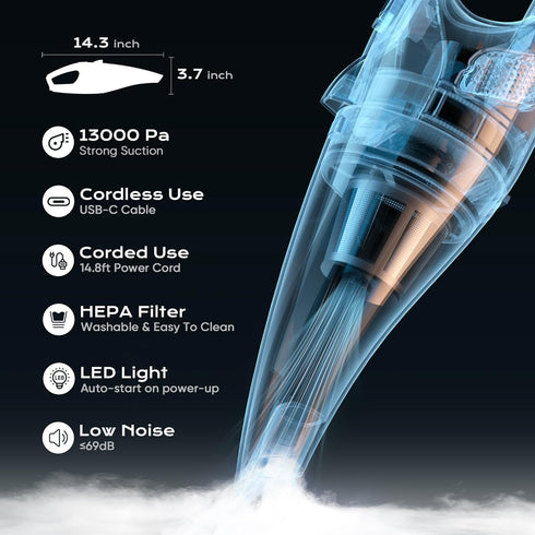 Cordless Handheld Vacuum with LED Light, 13000Pa Strong Suction, Portable Hand Vacuum with Multi-Nozzles for Car, Home,