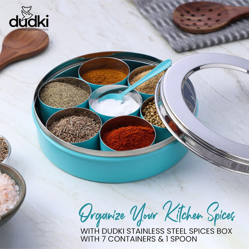 7 DUDKI Homes Stainless Steel Masala Box, Spice Box, Masala Dabba with Kitchen Organizer with See Through Lid