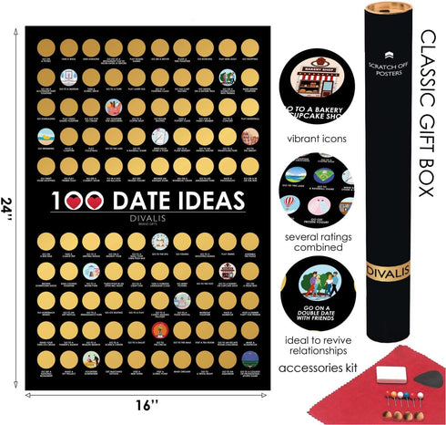 Divalis 100 Dates Scratch off Bucket List, Scratchable Motivational Achievements Checklist Poster, Black and Gold