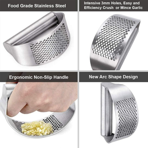 GuDoQi Garlic Press Rocker, Stainless Steel Mincer with Peeler and Scraper Brush, Ergonomic Kitchen Gadget