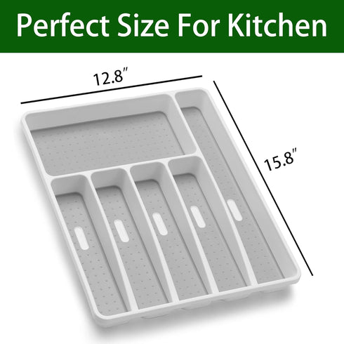 Silverware Organizer, Plastic Utensil Holder for Kitchen Drawer, 6 Compartment Flatware Organizer, White