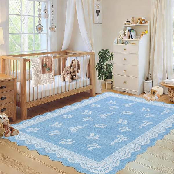 ORTIGIA 5x7 Scalloped Area Rug for Living Room, Blue Washable Low Pile