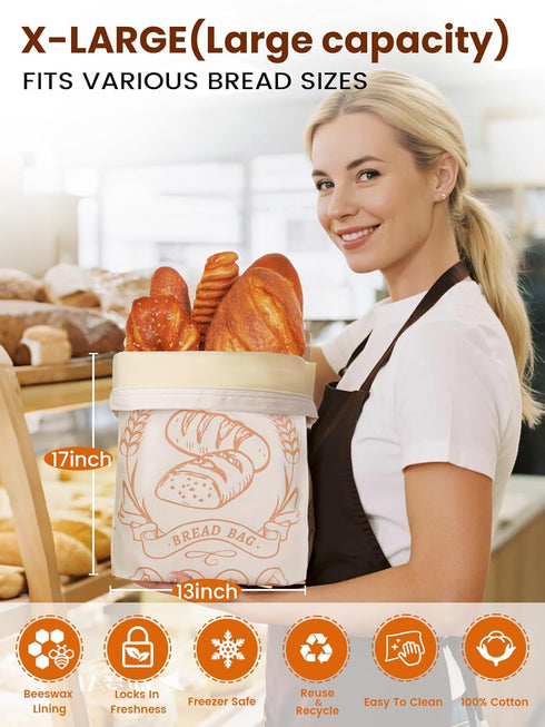 2 Pack XL(13x17in) Beeswax Bread Bags with Zipper, Sourdough Bread Storage for Homemade, Freezer Storage Bag to Keep