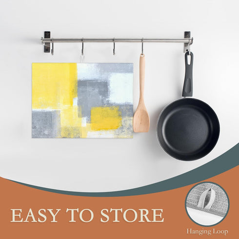 Grey Yellow Dish Drying Mats, 18x24 Inch Ultra Absorbent Microfiber Pad for Kitchen Counter, Abstract Art Dish Rack