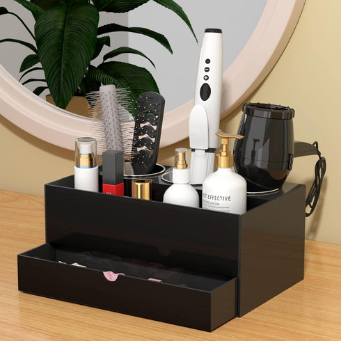 NIUBEE Hair Tool Organizer, Black Acrylic Hair Dryer and Styling Organizer with Drawer for Bathroom Countertop