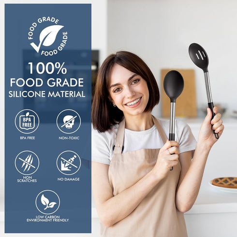 HOTEC Heat Resistant Large Silicone Cooking Spoon, Solid Slotted Spoons for Kitchen