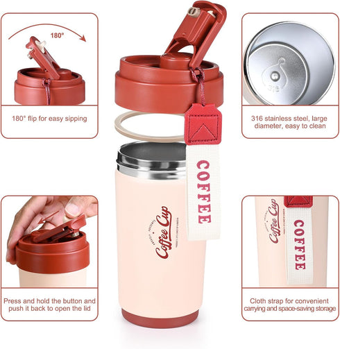 316 Portable,15OZ FrutPunch Insulated Travel Coffee Thermo, Stainless Steel Coffee Tumbler with Lid, Double Wall Vacuum
