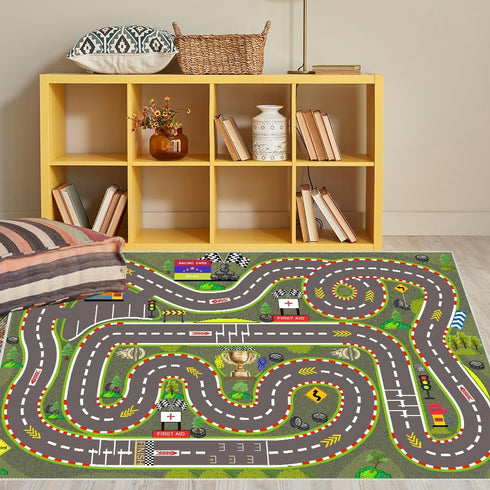 7047 3D Kids Rug, Race Track Playmat Rugs in Kids Carpet with Rubber Backing, Start and Finish line Racing Track